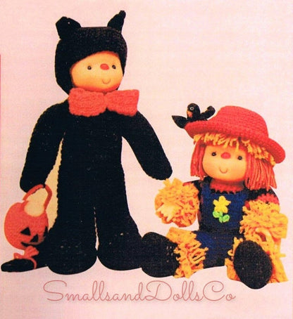 Vintage Crochet Pattern 14" Halloween Scarecrow Black Cat Yarn Head Dolls PDF Instant Digital Download Retro 1980s 10 Ply