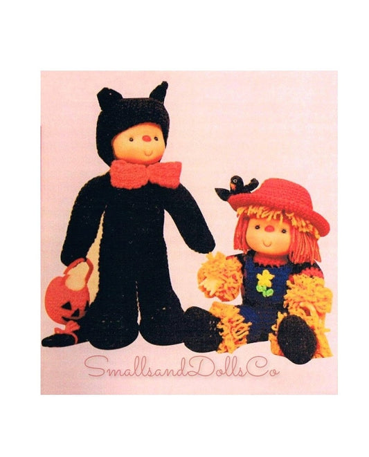 Vintage Crochet Pattern 14" Halloween Scarecrow Black Cat Yarn Head Dolls PDF Instant Digital Download Retro 1980s 10 Ply