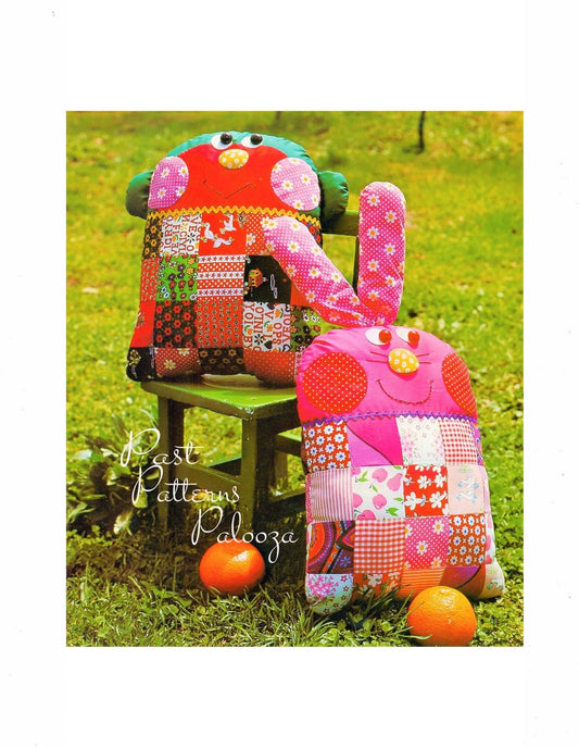 Vintage Sewing Pattern Patchwork Monkey & Bunny Rabbit Memory Pillow Dolls PDF Instant Digital Download Kitsch Retro Soft Toy Animal Cushion