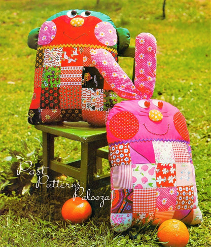 Vintage Sewing Pattern Patchwork Monkey & Bunny Rabbit Memory Pillow Dolls PDF Instant Digital Download Kitsch Retro Soft Toy Animal Cushion