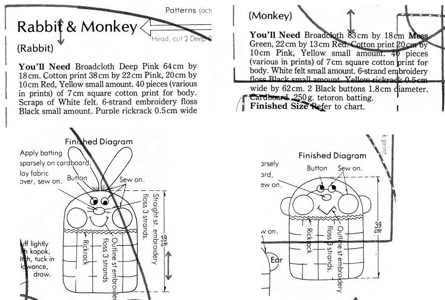 Vintage Sewing Pattern Patchwork Monkey & Bunny Rabbit Memory Pillow Dolls PDF Instant Digital Download Kitsch Retro Soft Toy Animal Cushion
