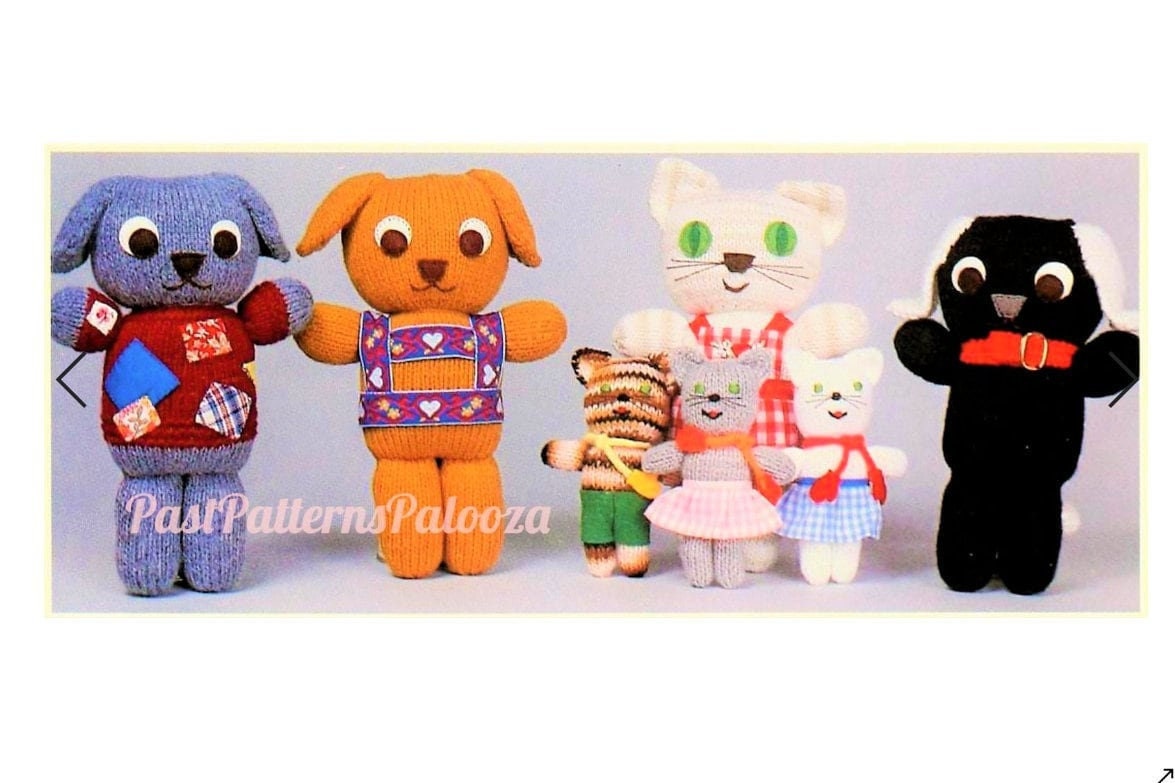 Vintage Knitting Pattern Cute Puppy Dog Kitty Cat Kittens Families Amigurumi Soft Toy Dolls PDF Instant Digital Download Kitsch Kawaii Pets