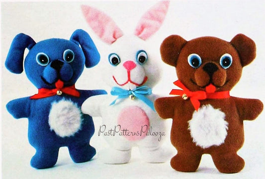 Vintage Sewing Pattern 10" Stuffed Animal Dolls Dog Bunny Bear Soft Velour Fabric Plush Toys PDF Instant Digital Download Huggable Plushies