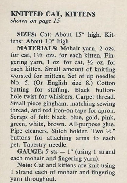 Vintage Knitting Pattern 10" Three Little Kittens Who Lost Their Mittens Amigurumi Soft Toy Dolls PDF Instant Digital Download Knitted Cats