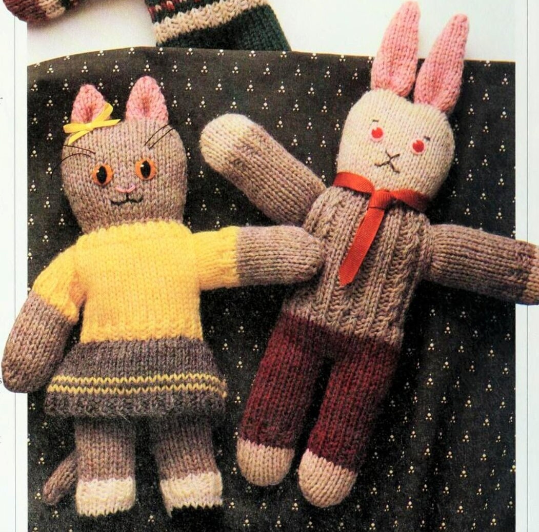 Vintage Knitting Pattern 10" Well Dressed Animal Soft Toy Dolls PDF Instant Digital Download Teddy Bear Bunny Rabbit Kitty Cat 5 Ply