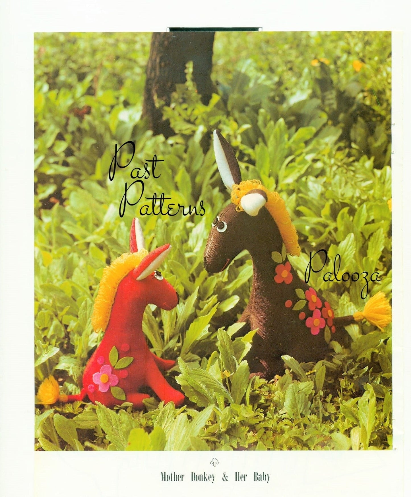 Vintage Sewing Pattern Retro Mod Donkey Soft Toy Mama and Baby PDF Instant Digital Download Kitsch Flower Applique Animal Doll