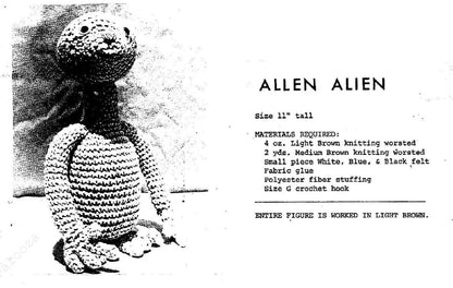 Vintage Crochet Pattern 11" ET Space Alien Amigurumi Doll E.T. Extra Terrestrial PDF Instant Digital Download Space Creature Soft Toy 10 Ply