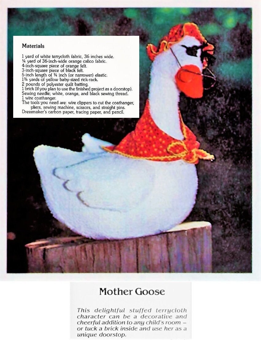 Vintage Sewing Pattern 18" Old Mother Goose Soft Toy Doll Terrycloth Fabric PDF Instant Digital Download Country Granny Goose