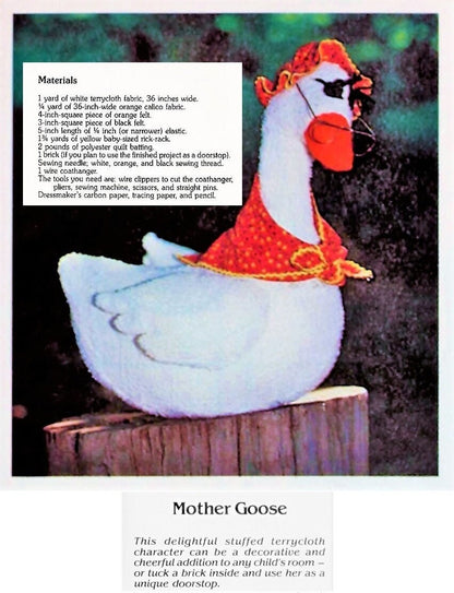 Vintage Sewing Pattern 18" Old Mother Goose Soft Toy Doll Terrycloth Fabric PDF Instant Digital Download Country Granny Goose