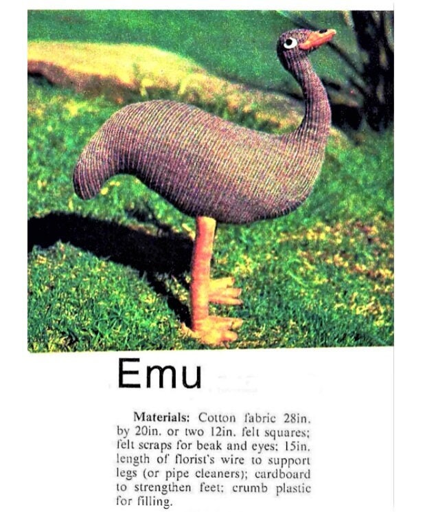 Vintage Sewing Pattern 14" Mod Emu Bird Soft Toy Doll Cotton Print Fabric PDF Instant Digital Download Sewn Funky Australian Animal
