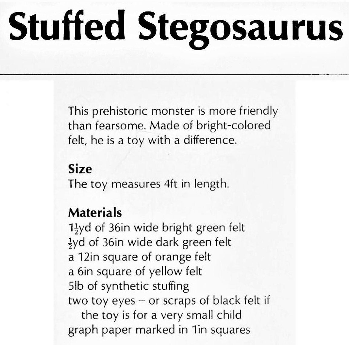 Vintage Sewing Pattern 48" Large Felt Fabric Stegosaurus Dinosaur Soft Sculpture Toy Doll PDF Instant Digital Download 4 Foot Dino or Dragon