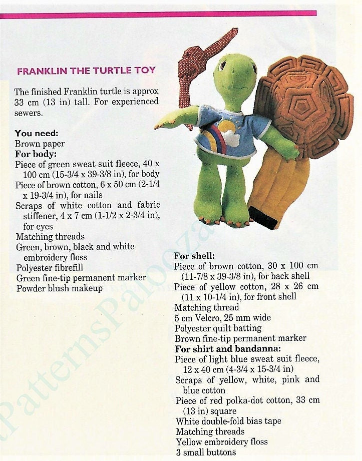 Vintage Sewing Pattern 13" Franklin the Turtle Doll PDF Instant Digital Download Plush Fabric Soft Toy