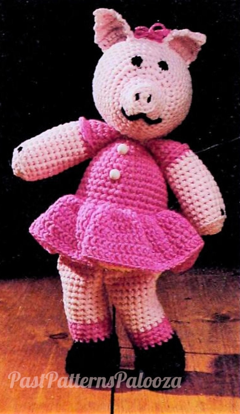Vintage Crochet Pattern 16" Cute Girl Pig Doll PDF Instant Digital Download Plush Piglet Amigurumi with Dress Soft Stuffed Toy 4 Ply