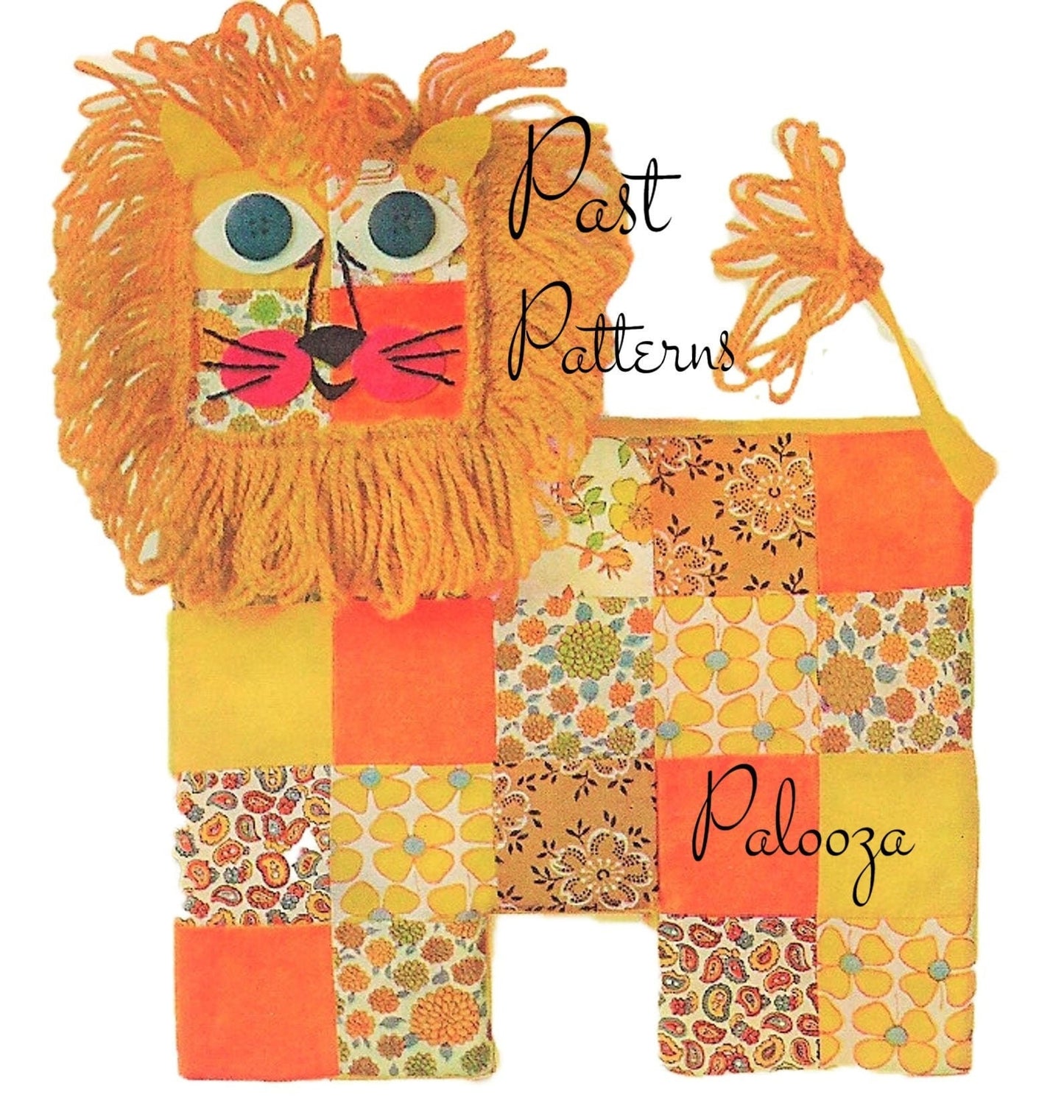 Vintage Sewing Pattern 12" Retro Patchwork Lion Pillow Soft Toy Doll Cushion PDF Instant Digital Download Funky Boho Mod Stuffed Toy