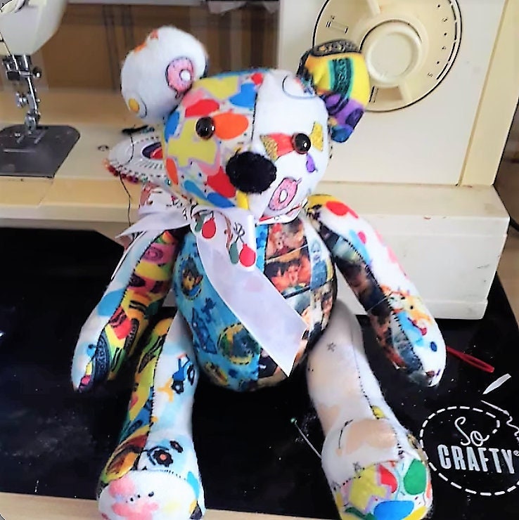 Vintage Sewing Pattern 12" Pastel Patchwork Fabric Teddy Bear PDF Instant Digital Download Soft Stuffed Non Jointed Toy Babys First Bear