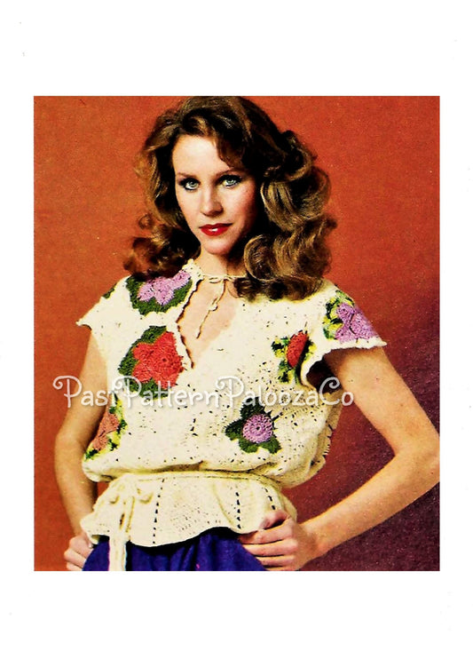 Vintage Crochet Pattern Womens Pretty Flower Blouse Top PDF Instant Digital Download Cinched Waist Floral Hexagon Motifs Cotton Thread