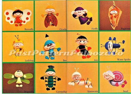 Vintage Sewing Pattern 5" Creepy Crawly Creatures Felt Soft Doll Figures PDF Instant Digital Download 12 Kitsch Bugs Insect Butterfly Snail