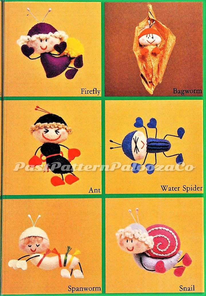 Vintage Sewing Pattern 5" Creepy Crawly Creatures Felt Soft Doll Figures PDF Instant Digital Download 12 Kitsch Bugs Insect Butterfly Snail