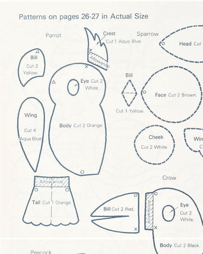 Vintage Sewing Pattern Mini Felt Birds Soft Dolls 12 Figures 2 -5 Inches PDF Instant Digital Download Bat Owl Parrot Peacock Chicken
