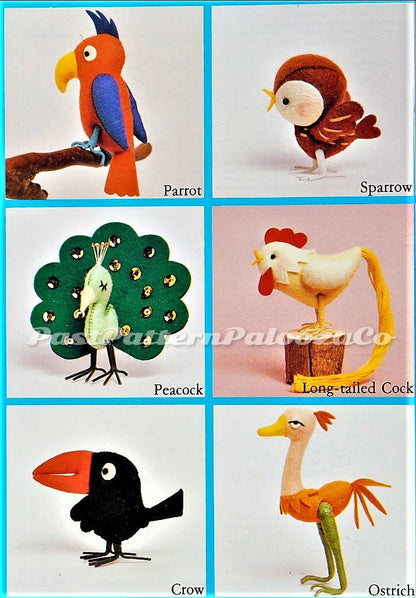 Vintage Sewing Pattern Mini Felt Birds Soft Dolls 12 Figures 2 -5 Inches PDF Instant Digital Download Bat Owl Parrot Peacock Chicken