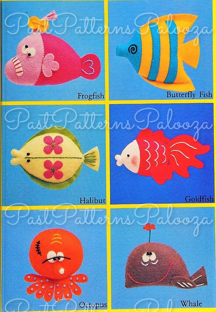 Vintage Sewing Pattern Mini Felt Fish Sealife Soft Dolls 12 Figures 2 -5 Inches PDF Instant Digital Download Crab Seahorse Squid and More