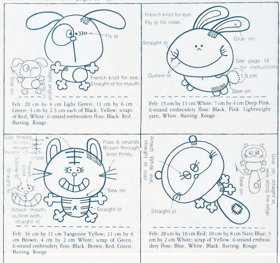 Vintage Sewing Pattern 3" Mini Cute Animals 12 Felt Soft Doll Figures PDF Instant Digital Download Puppy Panda Pig Frog Cat Bunny and More