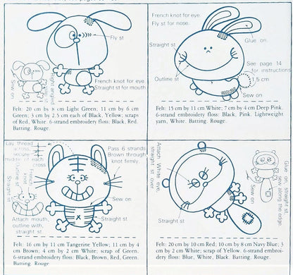 Vintage Sewing Pattern 3" Mini Cute Animals 12 Felt Soft Doll Figures PDF Instant Digital Download Puppy Panda Pig Frog Cat Bunny and More