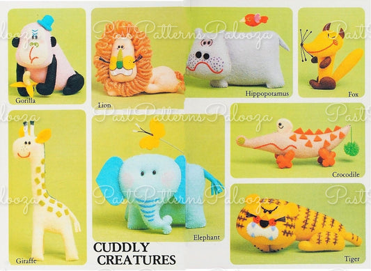 Vintage Sewing Pattern Cuddly Creatures Zoo Animals 12 Felt Soft Doll Figures 3-5 Inches PDF Instant Digital Download Gorilla Lion Hippo +