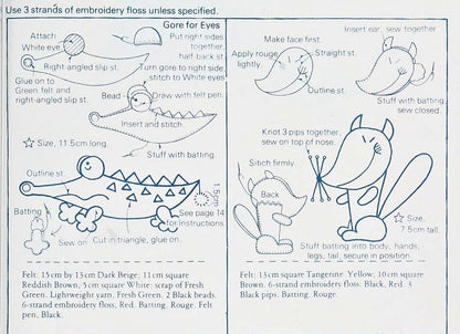 Vintage Sewing Pattern Cuddly Creatures Zoo Animals 12 Felt Soft Doll Figures 3-5 Inches PDF Instant Digital Download Gorilla Lion Hippo +