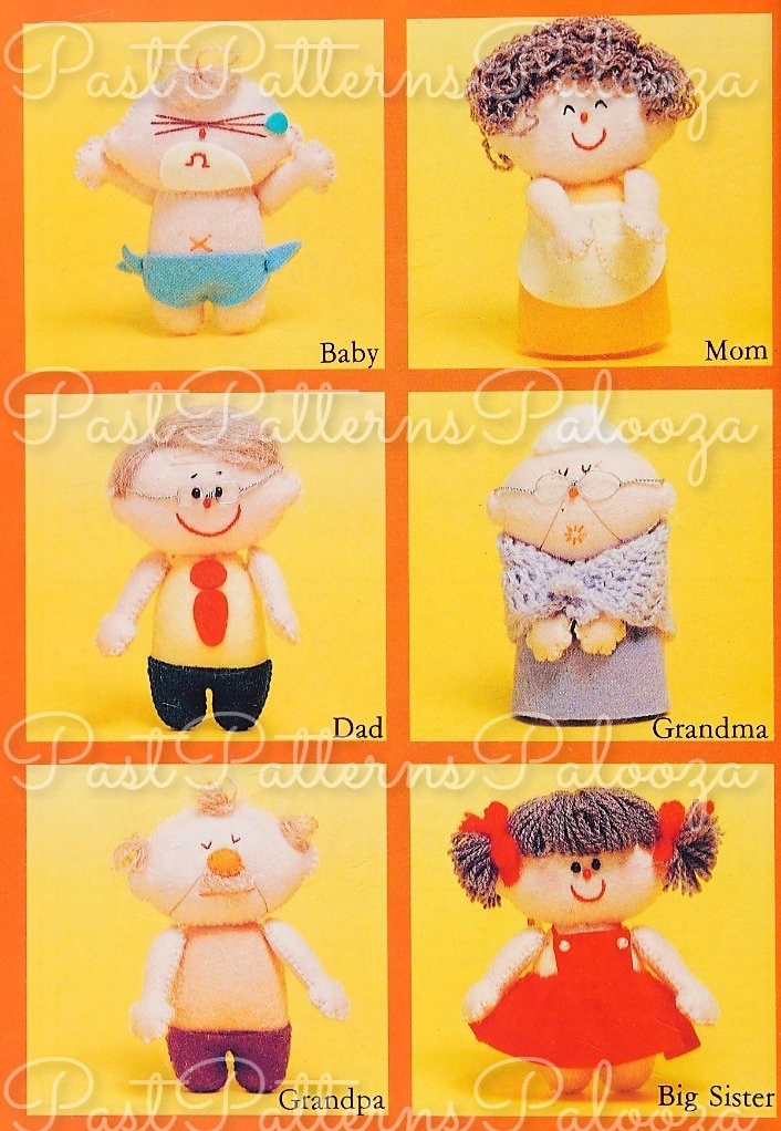 Vintage Sewing Pattern Little Felt Family Soft Doll Figures Set of 6 PDF Instant Digital Download Mom Dad Baby Sister Grandparents 3-4 Inch