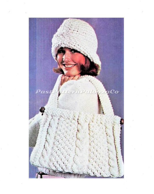 Vintage Womens Irish Duo Crochet Nubby Hat and Knitted Hand Bag Set Pattern PDF Instant Digital Download Cable Paneled Handbag Aran Yarn