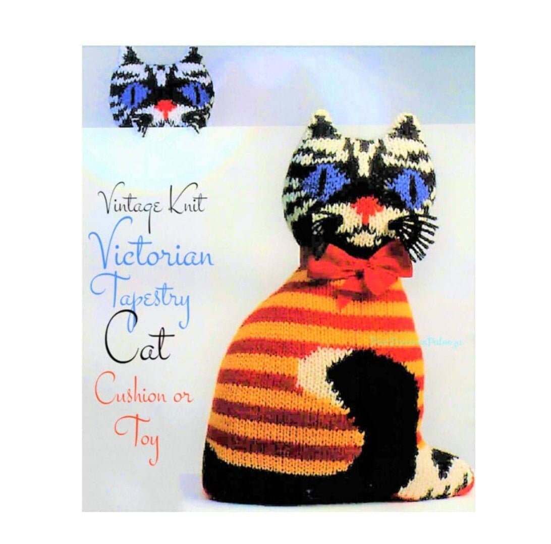 Vintage Knitting Pattern 15" Victorian Tapestry Kitty Cat Soft Plush Toy or Cushion Pillow PDF Instant Digital Download Chunky 12 Ply
