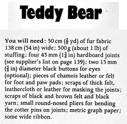 Vintage Sewing Pattern 21" Traditional Classic Teddy Bear Plush Fur Fabric PDF Instant Digital Download Soft Jointed Toy Bear Button Eyes