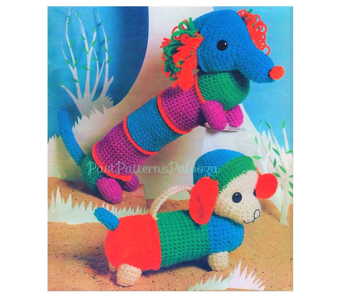 Vintage Crochet Pattern Dachshund Wiener Dog Puppy in 2 Sizes Soft Toy Amigurumi PDF Instant Digital Download Puppies 10 Ply 4 Ply