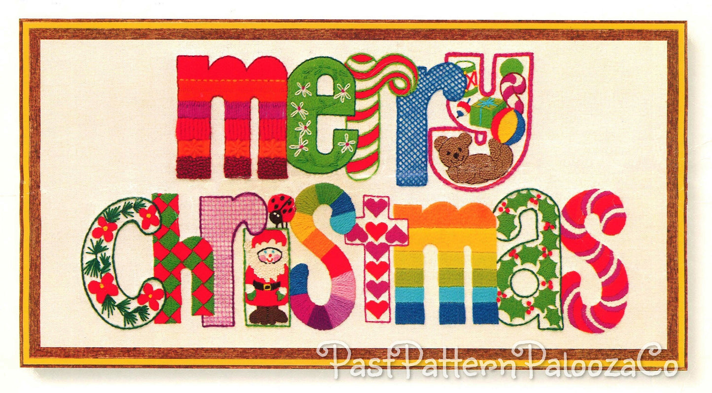 Vintage Crewel Embroidery Pattern Merry Christmas Sampler Festive Word Art Retro 1970s Design PDF Instant Download Festive Holiday Stitchery