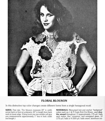 Vintage Crochet Pattern Womens Pretty Flower Blouse Top PDF Instant Digital Download Cinched Waist Floral Hexagon Motifs Cotton Thread