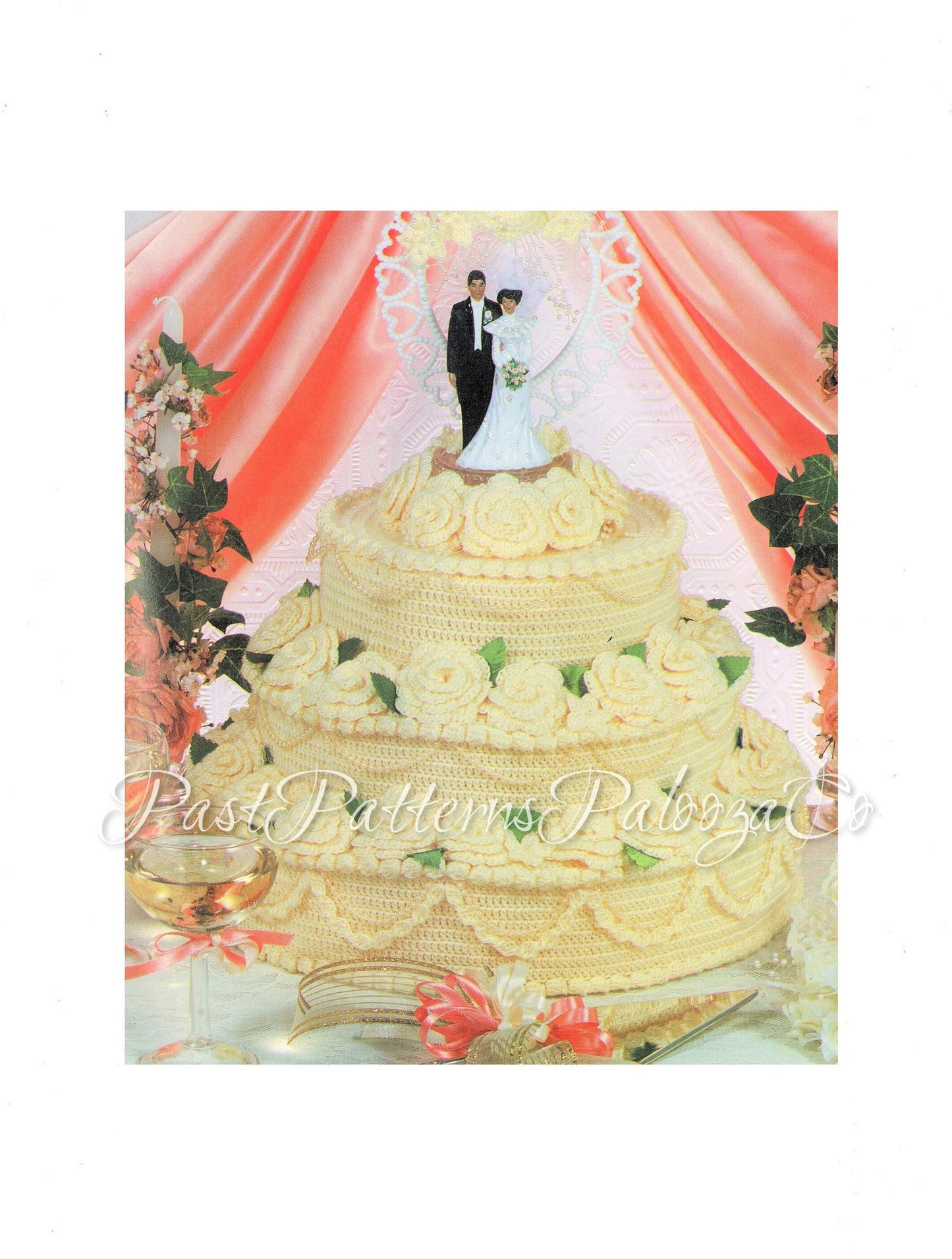 Vintage Crochet Pattern Beautiful Wedding Cake 10x14 PDF Instant Digital Download 3 Tier Realistic Rose Cake Centerpiece Bridal Shower 5 Ply