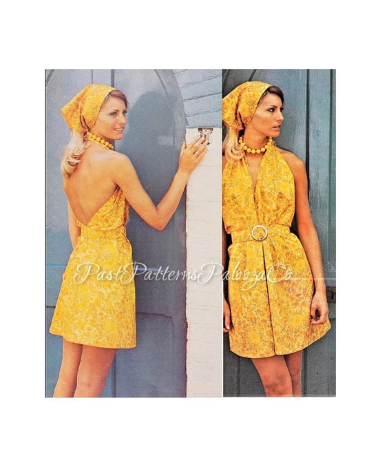 Vintage Sewing Pattern Womens Swingaround Sundress Halter Dress Kerchief Belt PDF Instant Digital Download Groovy Boho Summer Sun Dress