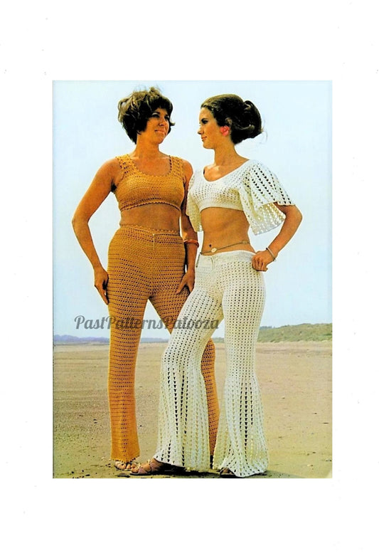 Vintage Crochet Pattern Womens Trouser Beach Suit Set Midi Top Beachwear PDF Instant Digital Download 70s Boho Hippie Bohemian 4 Ply 8 Ply