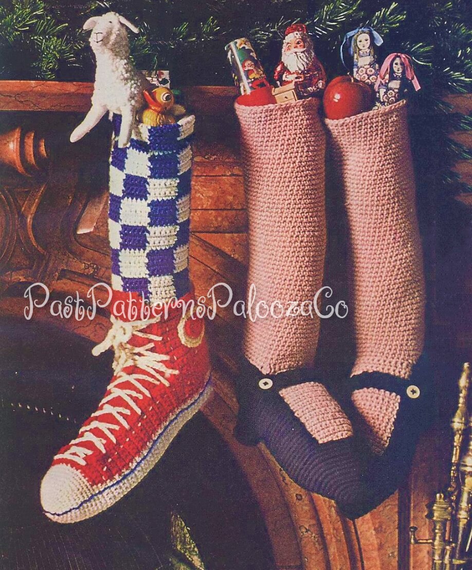 Vintage Crochet Pattern 16" Fun Novelty Christmas Stockings PDF Instant Digital Download Bare Foot Mary Janes Hi Top Sneaker Soccer Skate