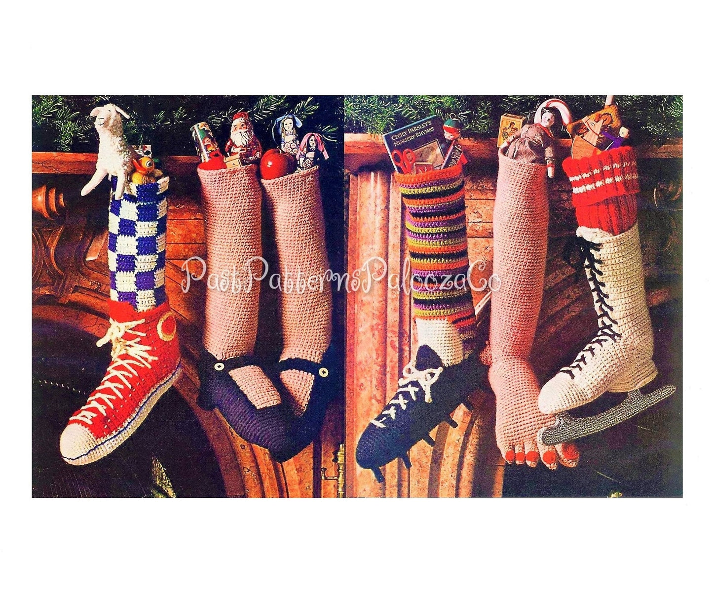 Vintage Crochet Pattern 16" Fun Novelty Christmas Stockings PDF Instant Digital Download Bare Foot Mary Janes Hi Top Sneaker Soccer Skate