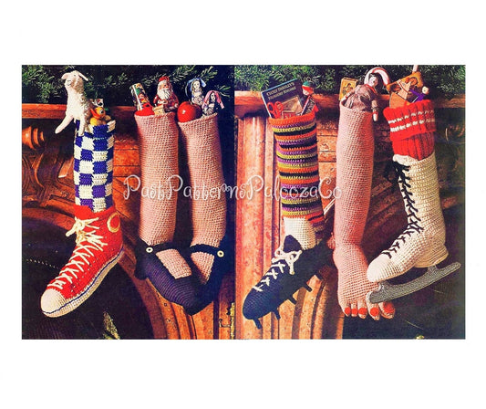 Vintage Crochet Pattern 16" Fun Novelty Christmas Stockings PDF Instant Digital Download Bare Foot Mary Janes Hi Top Sneaker Soccer Skate