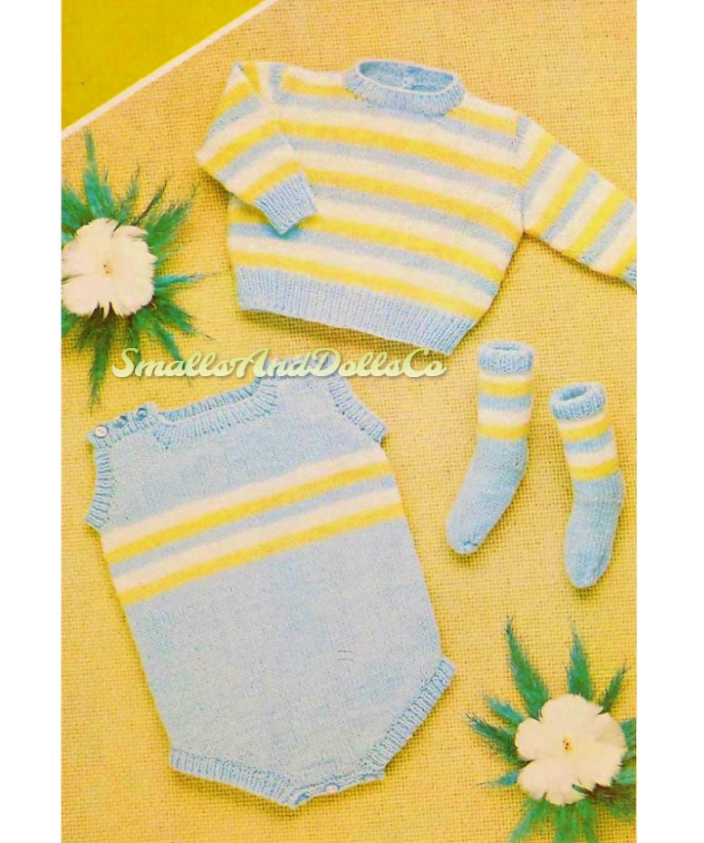 Vintage Knitting Pattern Baby Striped Bubble Romper Sweater & Socks Set PDF Instant Digital Download 6m - 2 yrs DK