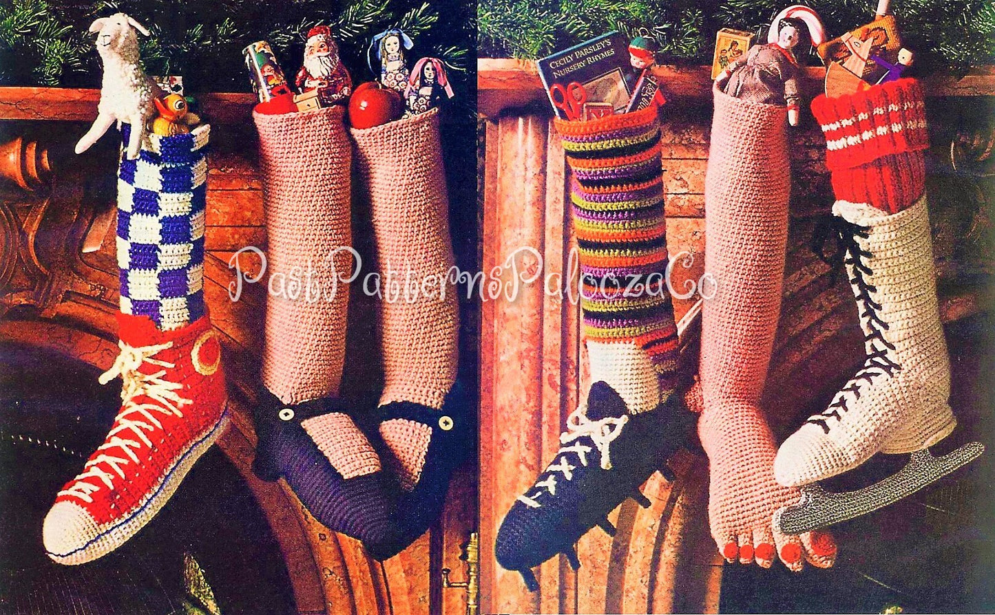 Vintage Crochet Pattern 16" Fun Novelty Christmas Stockings PDF Instant Digital Download Bare Foot Mary Janes Hi Top Sneaker Soccer Skate