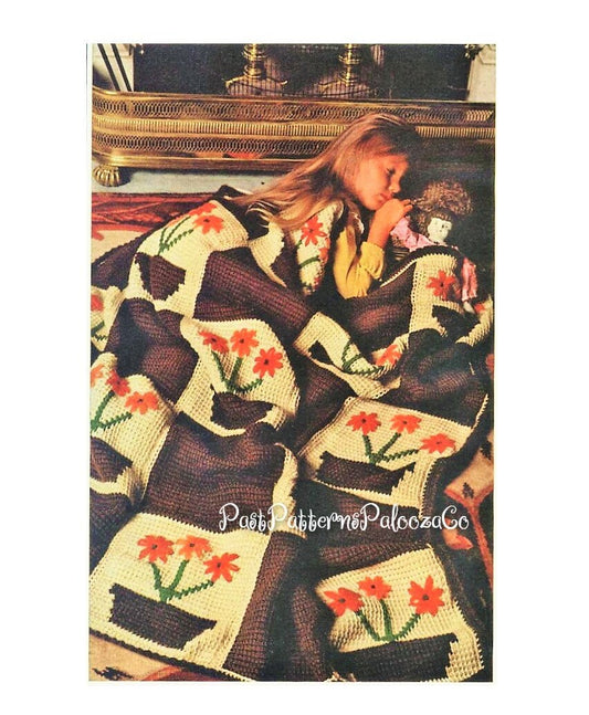 Vintage Crochet Pattern Girls Childs Flowerpot Squares Afghan PDF Instant Digital Download Retro Flower Pot Twin Bed Blanket Tunisian 10 Ply
