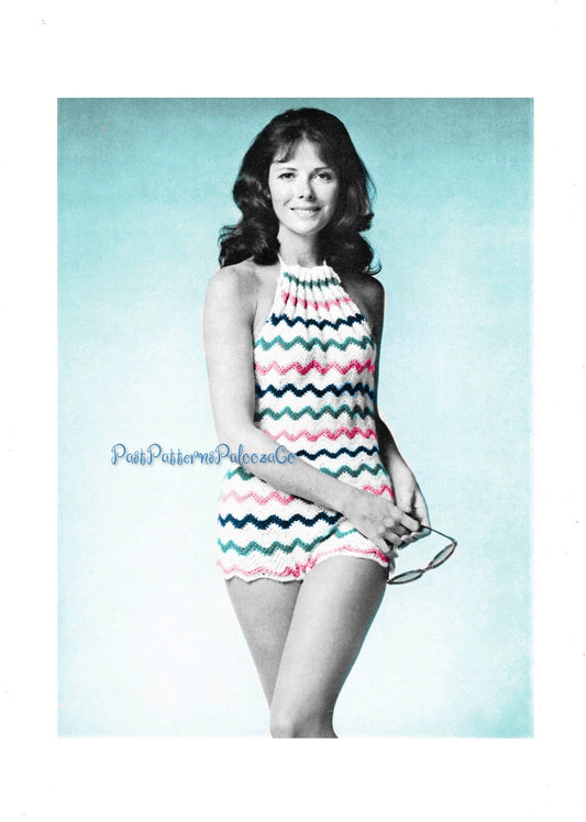 Vintage Crochet Pattern Ripple Halter Top Bathing Suit Swimsuit Play Suit PDF Instant Digital Download Retro 70s Mod Hippie Chic