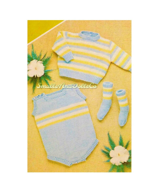 Vintage Knitting Pattern Baby Striped Bubble Romper Sweater & Socks Set PDF Instant Digital Download 6m - 2 yrs DK