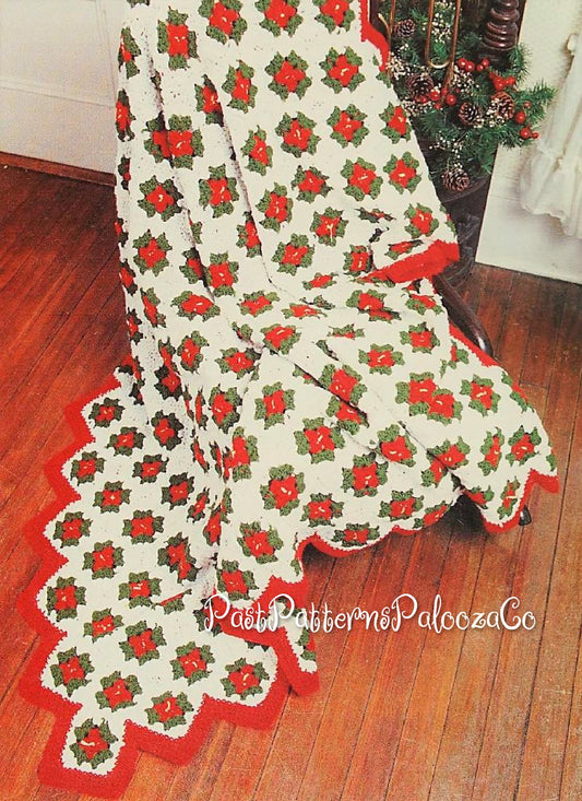 Vintage Crochet Pattern Christmas Poinsettia Afghan Mini Granny Squares PDF Instant Digital Download Holiday Flower Throw 10 Ply