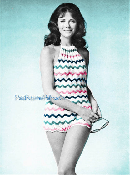 Vintage Crochet Pattern Ripple Halter Top Bathing Suit Swimsuit Play Suit PDF Instant Digital Download Retro 70s Mod Hippie Chic