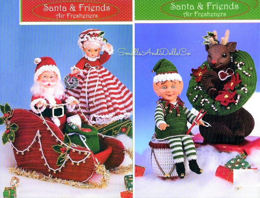 Vintage Crochet Pattern Christmas Sleigh and Air Freshener Dolls Mr & Mrs Santa Claus Elf Reindeer PDF Instant Digital Download